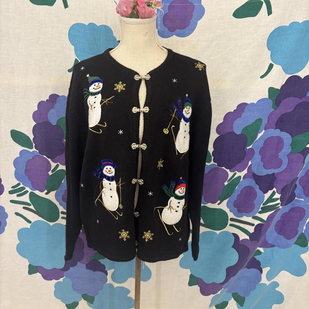 Vtg Crystal-Kobe knit embroidered snowman cardigan sz medium